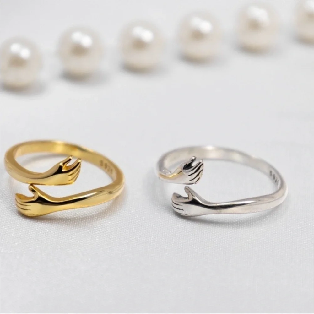 925 Sterling Silver Embrace Adjustable Gold Hug Hands Ring